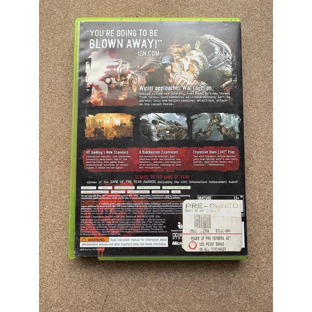 Gears of War 2 (XBox 360, 2008) - Tested & Works - Manual